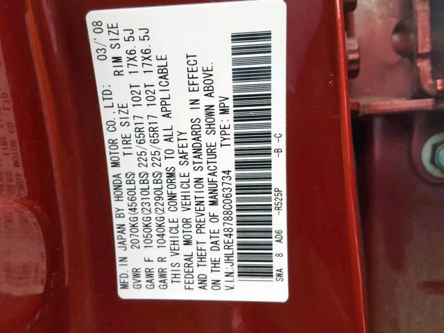 JHLRE48788C063734 - 2008 HONDA CR-V EXL RED photo 10