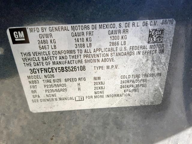 3GYFNCEY5BS526108 - 2011 CADILLAC SRX PREMIU GRAY photo 10