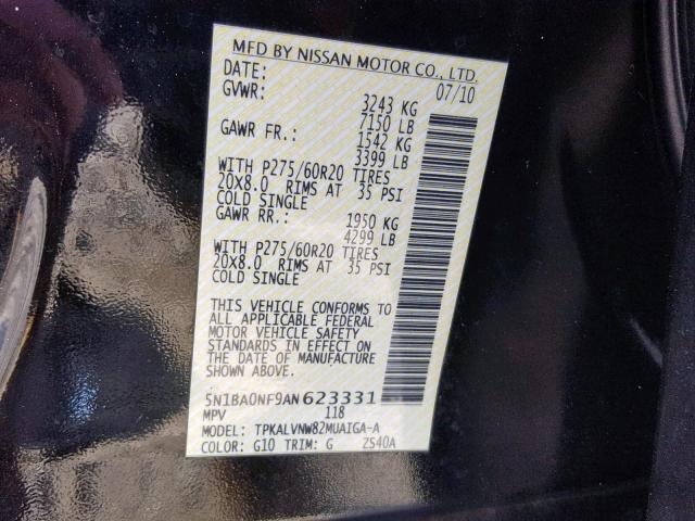 5N1BA0NF9AN623331 - 2010 NISSAN ARMADA PLA BLACK photo 10