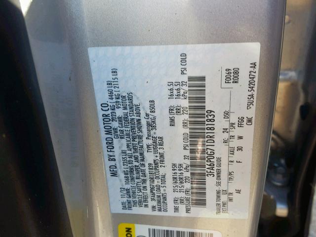 3FA6P0G71DR181839 - 2013 FORD FUSION S SILVER photo 10