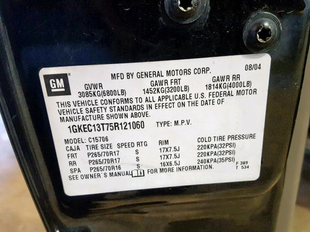 1GKEC13T75R121060 - 2005 GMC YUKON CHARCOAL photo 10