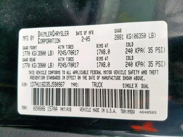 1D7HU16D35J590967 - 2005 DODGE RAM 1500 S BLACK photo 10