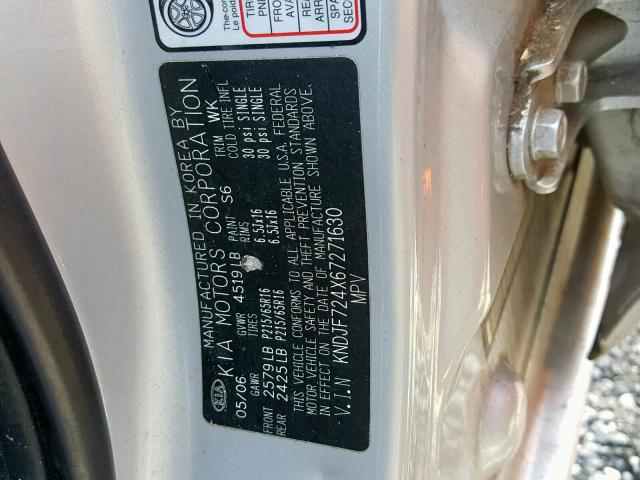 KNDJF724X67271630 - 2006 KIA NEW SPORTA SILVER photo 10