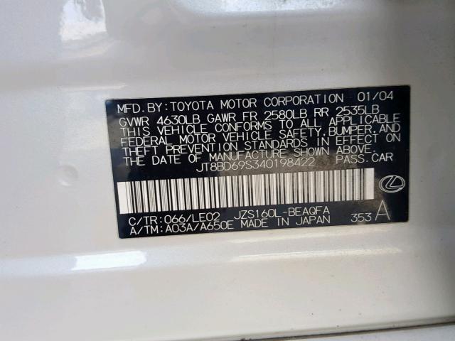 JT8BD69S340198422 - 2004 LEXUS GS 300 WHITE photo 10