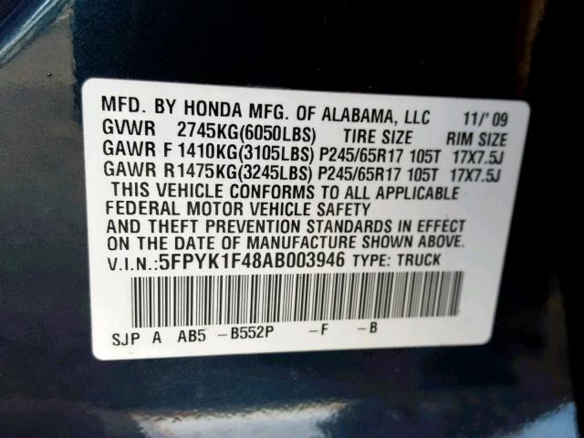 5FPYK1F48AB003946 - 2010 HONDA RIDGELINE BLUE photo 10