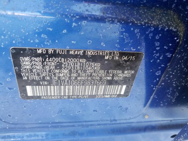 JF1VA1G66F9837669 - 2015 SUBARU WRX LIMITE BLUE photo 10