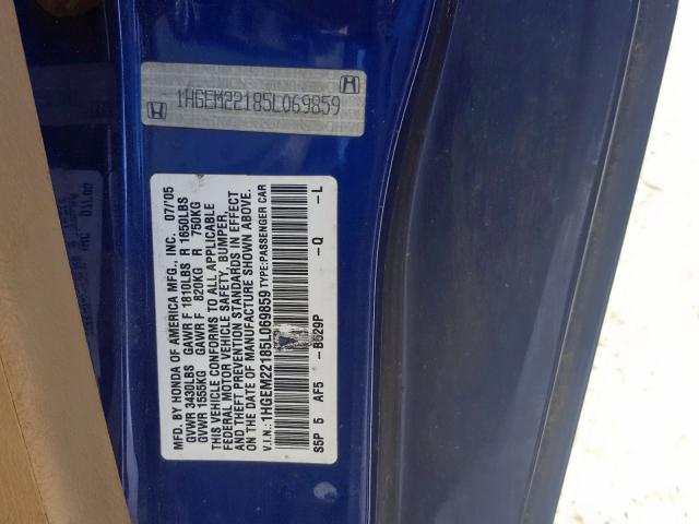 1HGEM22185L069859 - 2005 HONDA CIVIC DX V BLUE photo 10