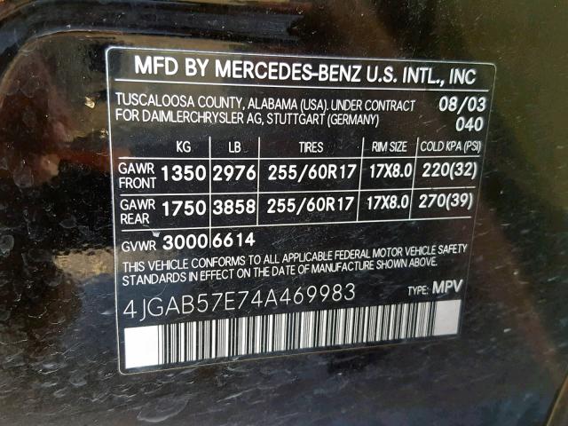 4JGAB57E74A469983 - 2004 MERCEDES-BENZ ML 350 BLACK photo 10