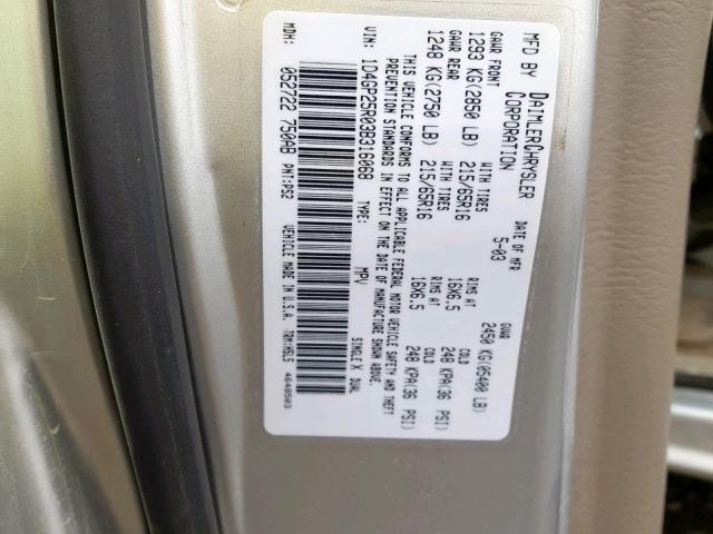 1D4GP25R03B316068 - 2003 DODGE CARAVAN SE SILVER photo 10