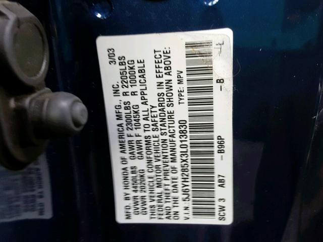 5J6YH285X3L013830 - 2003 HONDA ELEMENT EX BLUE photo 10