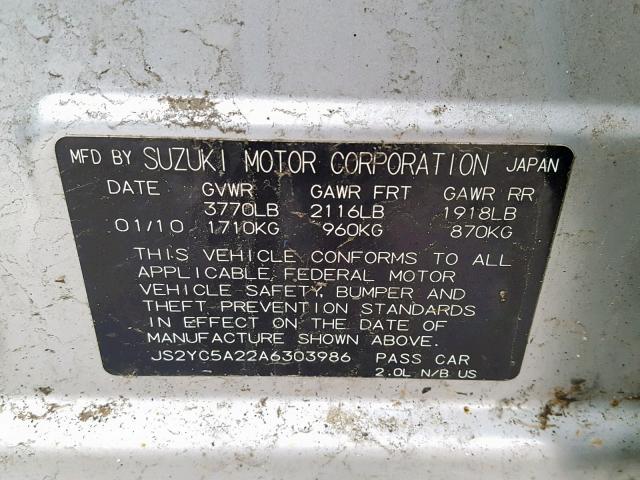 JS2YC5A22A6303986 - 2010 SUZUKI SX4 LE SILVER photo 10