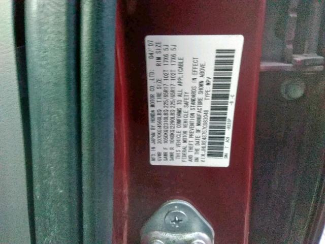 JHLRE48757C083048 - 2007 HONDA CR-V EXL BURGUNDY photo 10