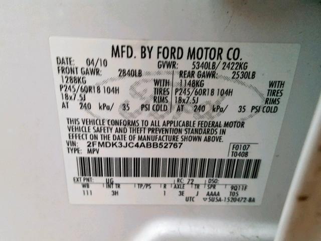 2FMDK3JC4ABB52767 - 2010 FORD EDGE SEL WHITE photo 10