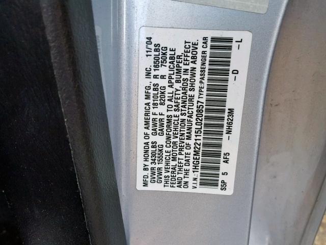 1HGEM22115L020857 - 2005 HONDA CIVIC DX V SILVER photo 10