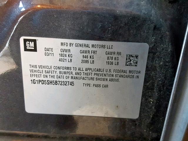 1G1PD5SH5B7232745 - 2011 CHEVROLET CRUZE LS GRAY photo 10