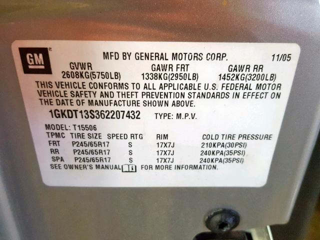 1GKDT13S362207432 - 2006 GMC ENVOY GRAY photo 10