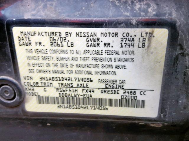 3N1AB51D42L714056 - 2002 NISSAN SENTRA SE- BLACK photo 10