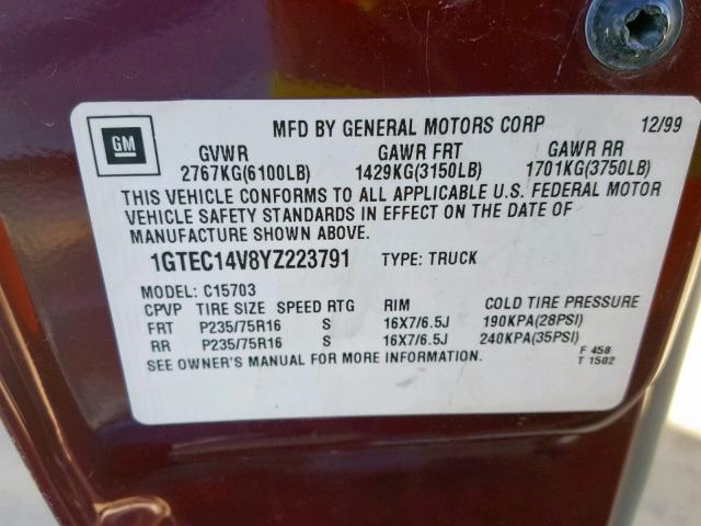 1GTEC14V8YZ223791 - 2000 GMC NEW SIERRA BURGUNDY photo 10