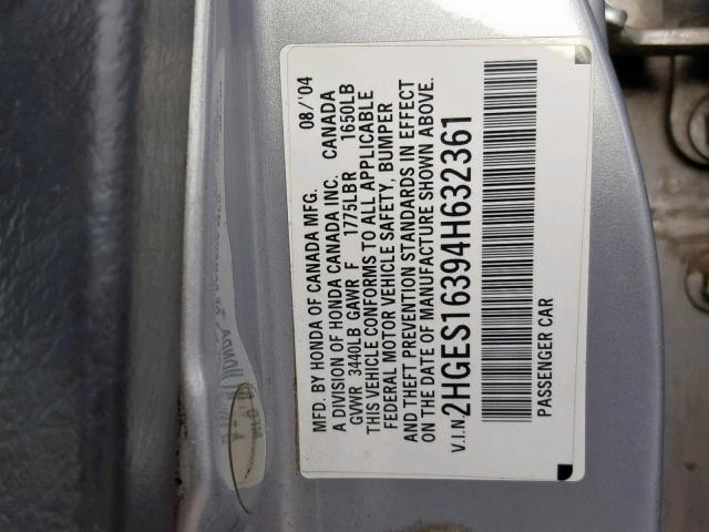 2HGES16394H632361 - 2004 HONDA CIVIC DX V SILVER photo 10