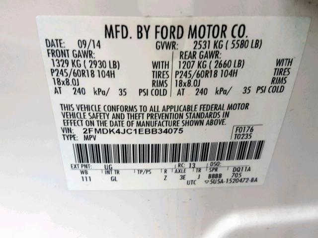 2FMDK4JC1EBB34075 - 2014 FORD EDGE SEL WHITE photo 10