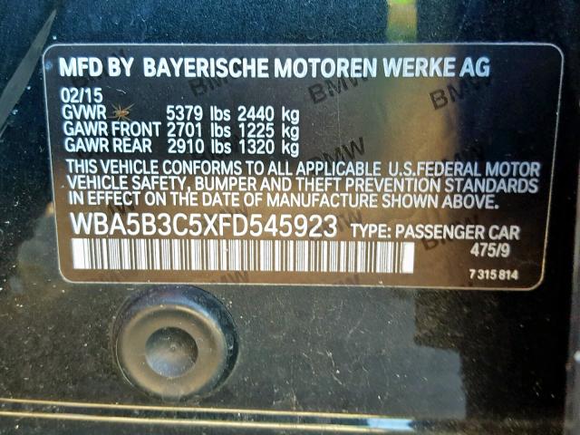 WBA5B3C5XFD545923 - 2015 BMW 535 XI BLACK photo 10
