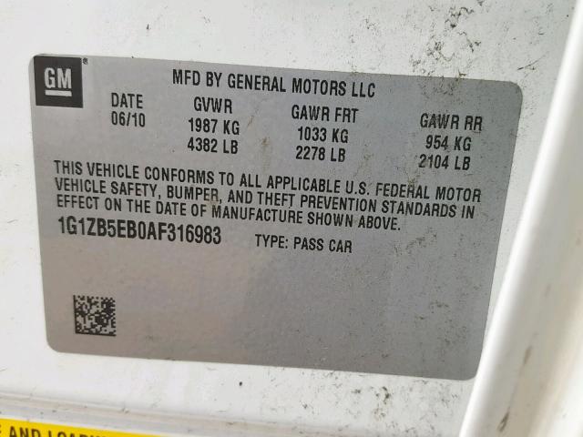 1G1ZB5EB0AF316983 - 2010 CHEVROLET MALIBU LS 白色 照片 10