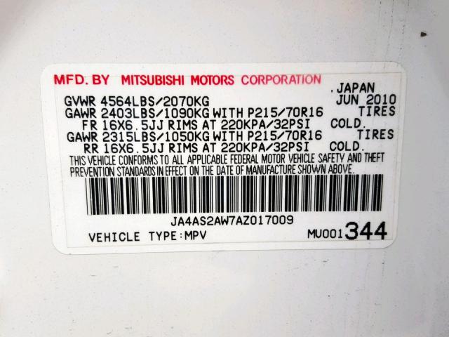 JA4AS2AW7AZ017009 - 2010 MITSUBISHI OUTLANDER WHITE photo 10