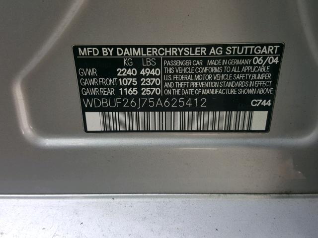 WDBUF26J75A625412 - 2005 MERCEDES-BENZ E 320 CDI SILVER photo 10