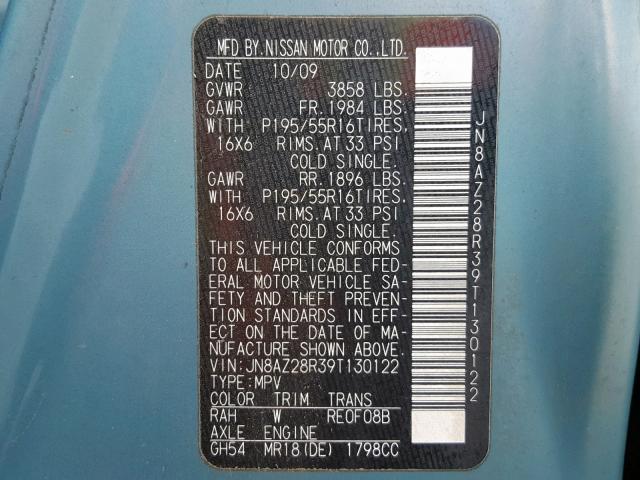 JN8AZ28R39T130122 - 2009 NISSAN CUBE BASE BLUE photo 10