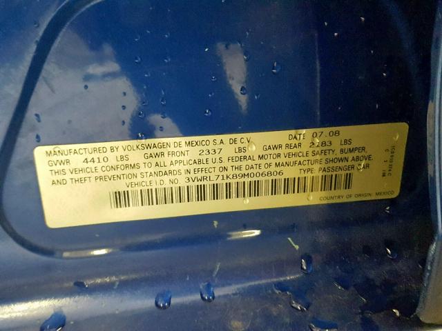 3VWRL71K89M006806 - 2009 VOLKSWAGEN JETTA TDI BLUE photo 10