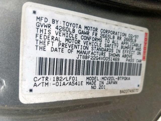 JT8BF22G4V0051469 - 1997 LEXUS ES 300 GRAY photo 10