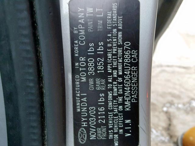 KMHDN46D64U788670 - 2004 HYUNDAI ELANTRA SILVER photo 10