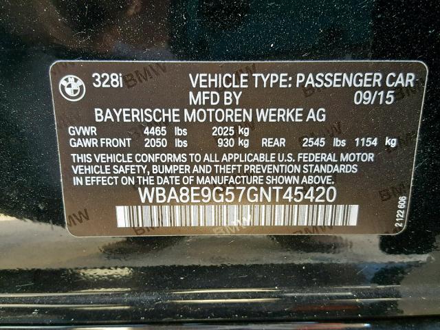 WBA8E9G57GNT45420 - 2016 BMW 328 I SULE BLACK photo 10