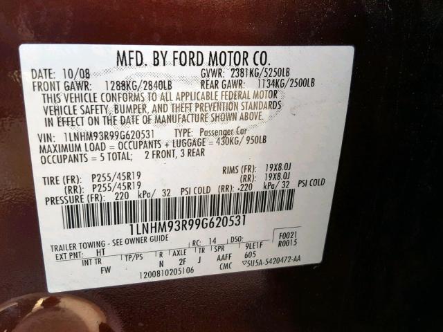 1LNHM93R99G620531 - 2009 LINCOLN MKS MAROON photo 10