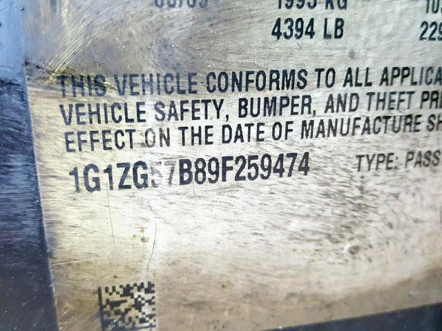 1G1ZG57B89F259474 - 2009 CHEVROLET MALIBU LS შავი ფოტო 10