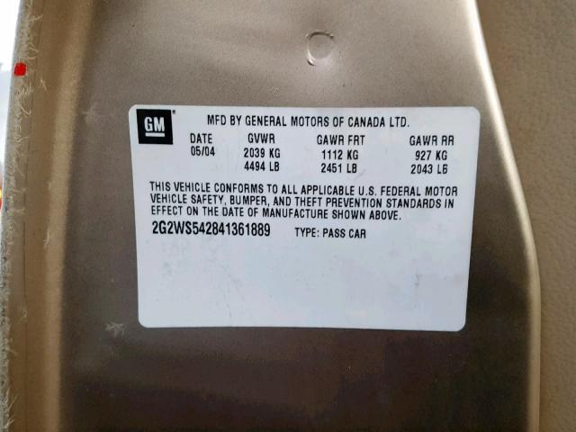 2G2WS542841361889 - 2004 PONTIAC GRAND PRIX TAN photo 10