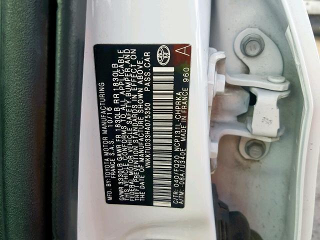 VNKKTUD33HA075350 - 2017 TOYOTA YARIS L WHITE photo 10