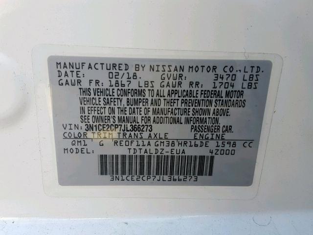 3N1CE2CP7JL366273 - 2018 NISSAN VERSA NOTE WHITE photo 10