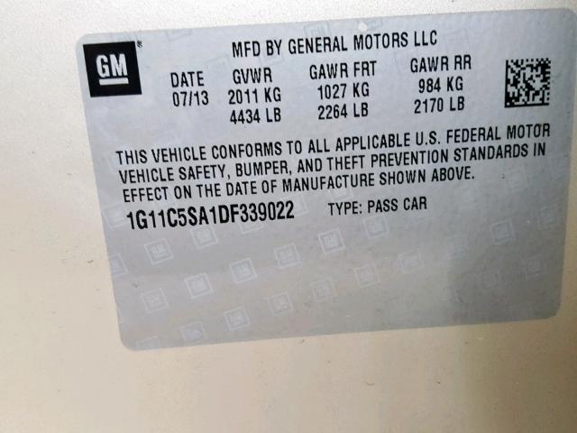 1G11C5SA1DF339022 - 2013 CHEVROLET MALIBU 1LT GOLD photo 10