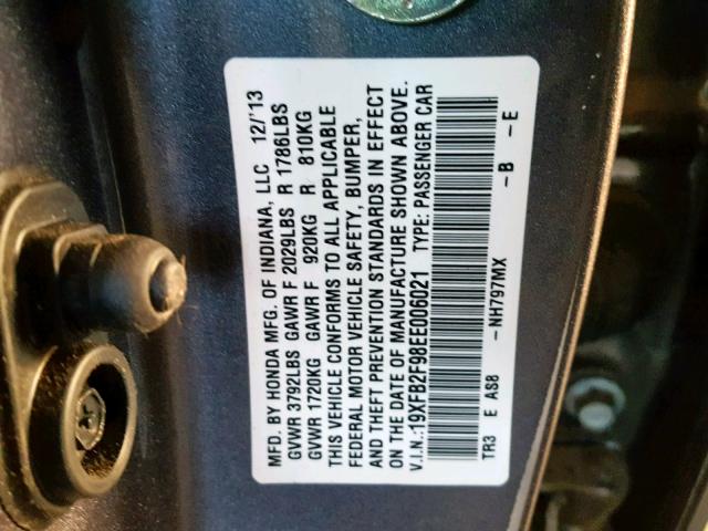 19XFB2F98EE006021 - 2014 HONDA CIVIC EXL GRAY photo 10