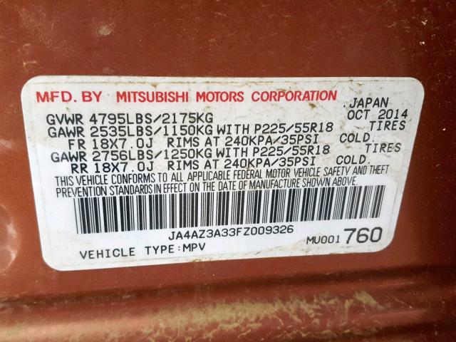 JA4AZ3A33FZ009326 - 2015 MITSUBISHI OUTLANDER ORANGE photo 10