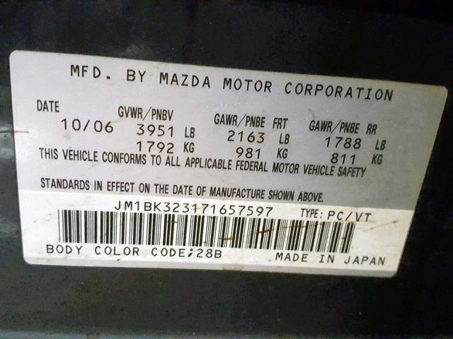 JM1BK323171657597 - 2007 MAZDA 3 S BLACK photo 10