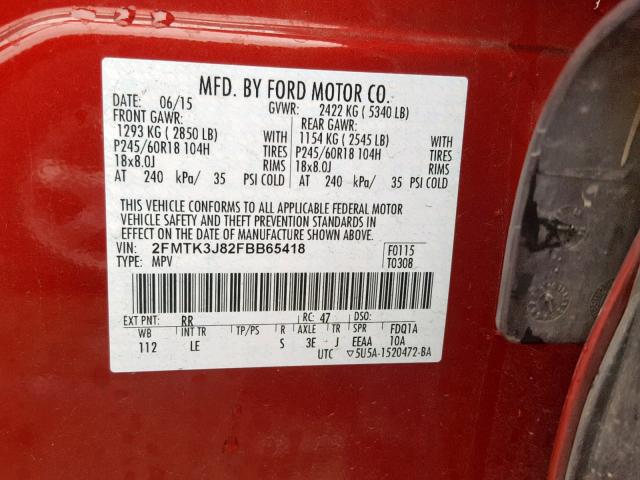 2FMTK3J82FBB65418 - 2015 FORD EDGE SEL RED photo 10