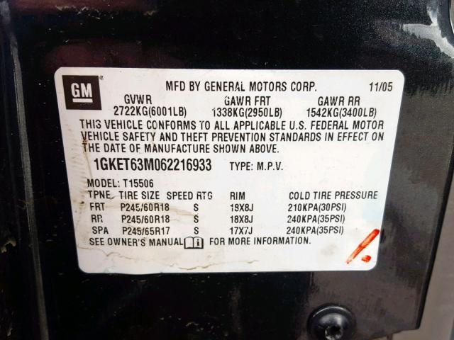 1GKET63M062216933 - 2006 GMC ENVOY DENA CHARCOAL photo 10