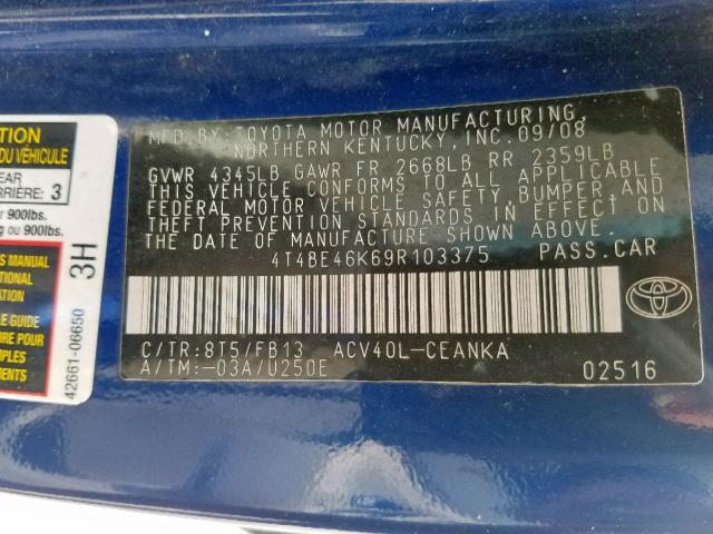 4T4BE46K69R103375 - 2009 TOYOTA CAMRY BASE BLUE photo 10