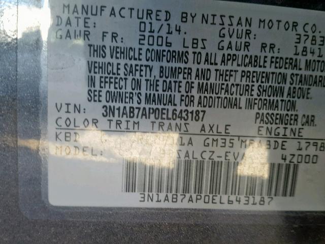 3N1AB7AP0EL643187 - 2014 NISSAN SENTRA S GRAY photo 10