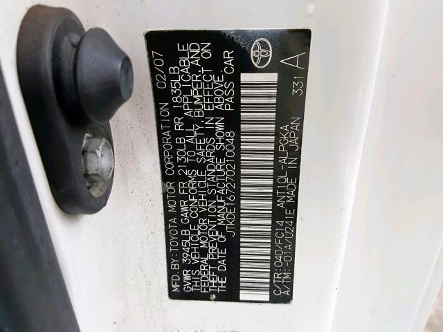 JTKDE167270210048 - 2007 TOYOTA SCION TC 白色 照片 10