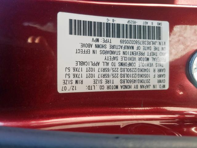 JHLRE38758C020589 - 2008 HONDA CR-V EXL BURGUNDY photo 10