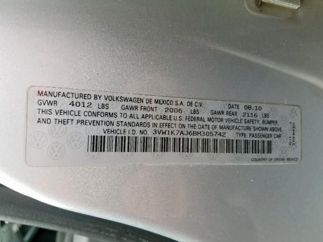 3VW1K7AJ6BM305742 - 2011 VOLKSWAGEN JETTA BASE 银色 照片 10