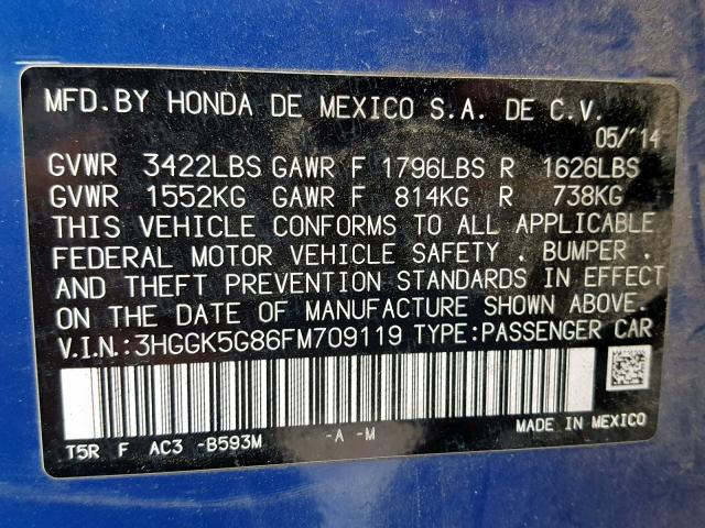 3HGGK5G86FM709119 - 2015 HONDA FIT EX BLUE photo 10